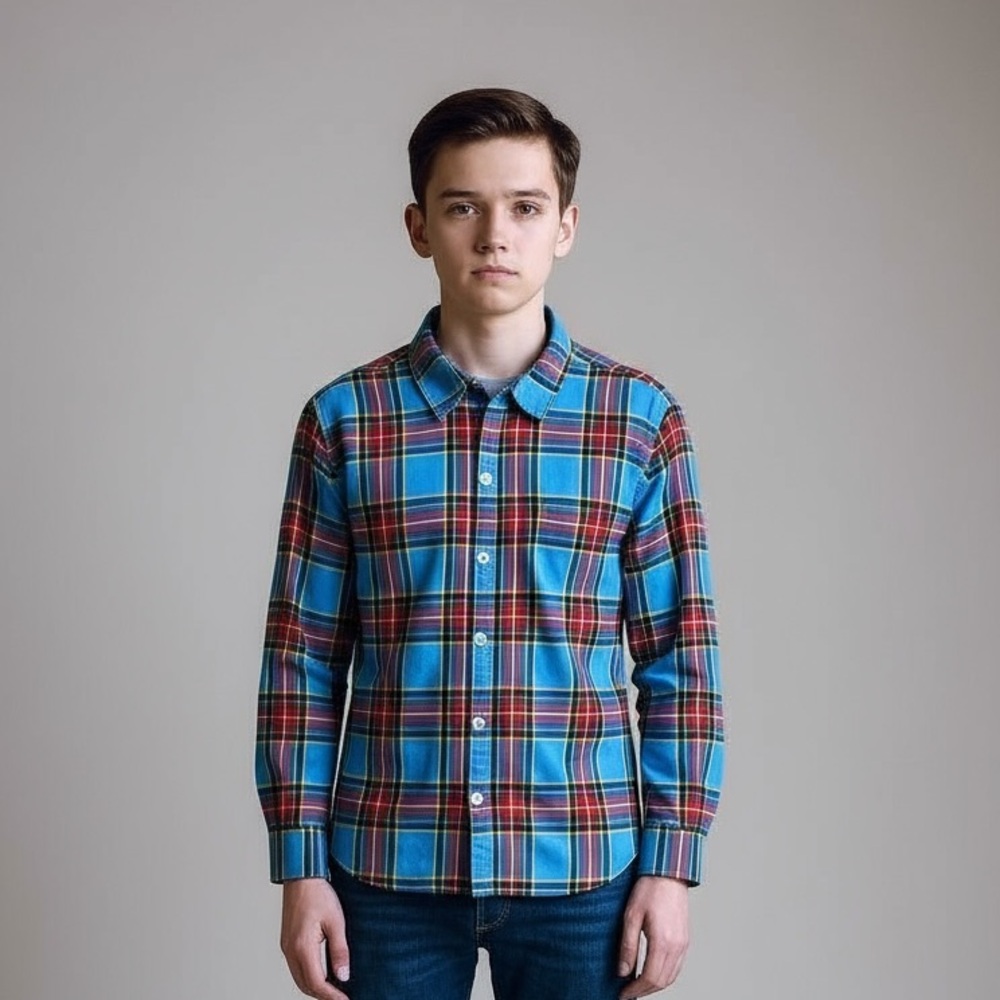 Mini Boden Plaid Flannel Shirt | Size 9-10Y | Blue Red Yellow